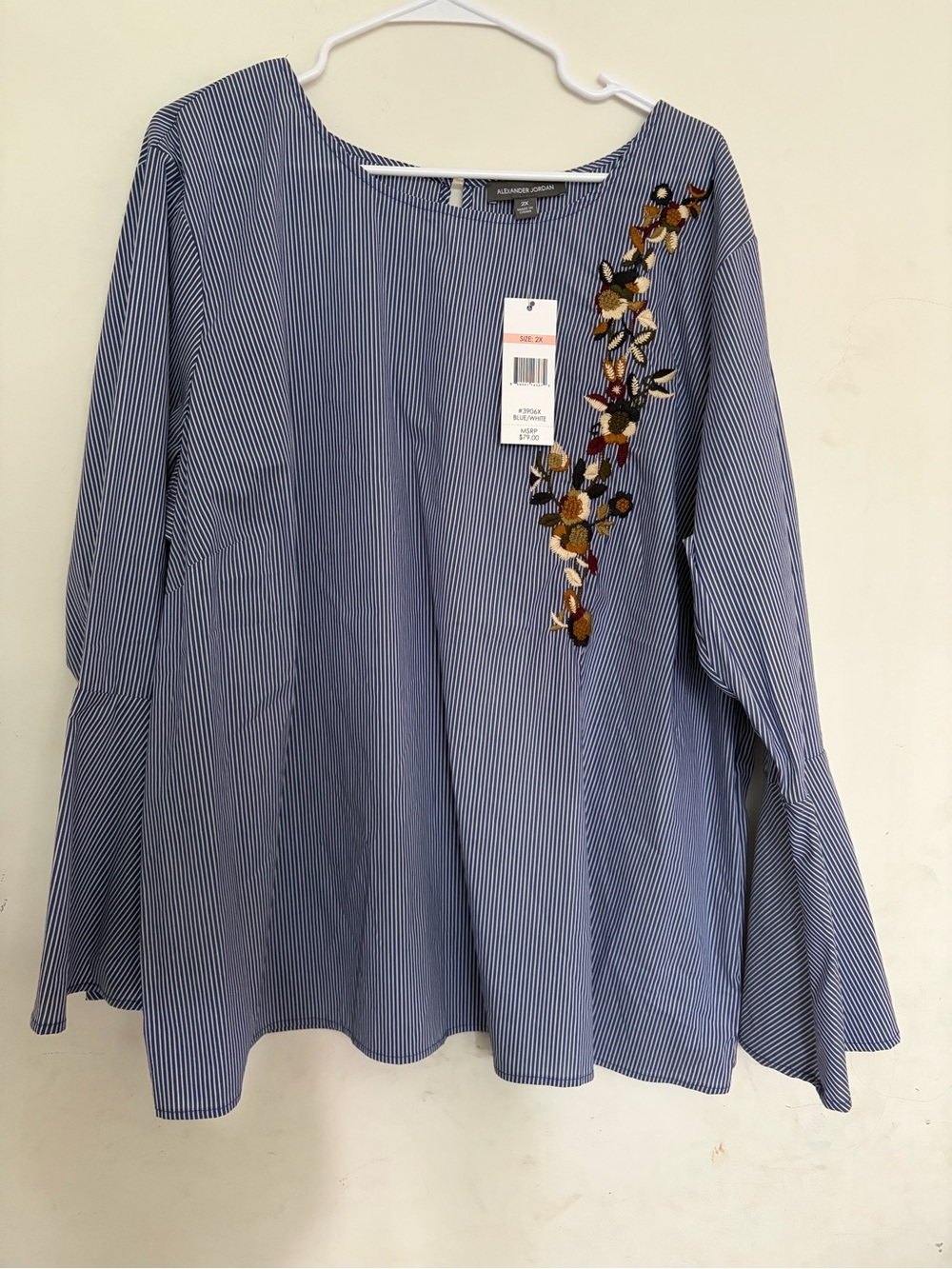 Alexander Jordan Flare Sleeve Blue White Striped Floral Embroidered Blouse